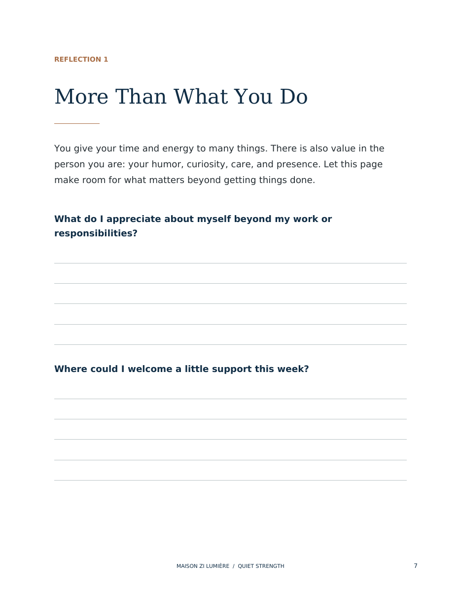 Sample guided reflection page: More Than What You Do.