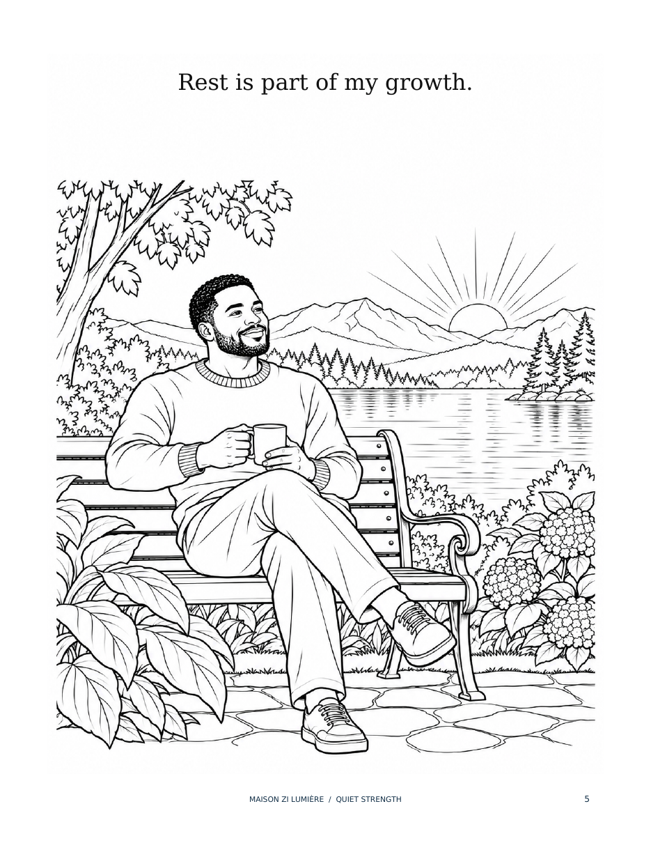 Sample coloring page: Rest is part of my growth. A man relaxing beside a lake.
